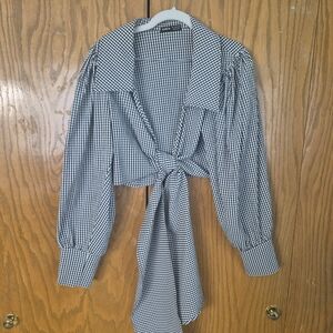 SHEIN Monochrome Checkered Tie-Front Blouse